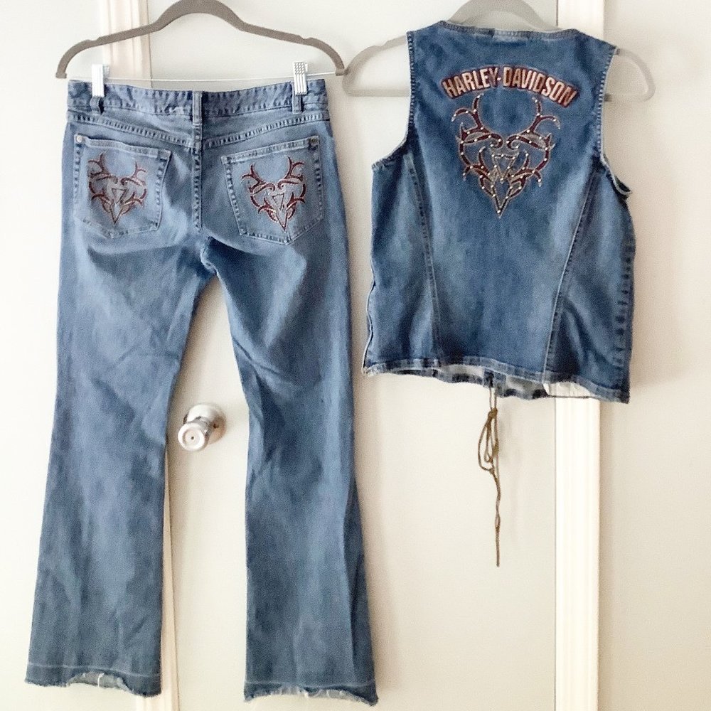 Harley Davidson Matching Jean & Vest Set Size 8/L